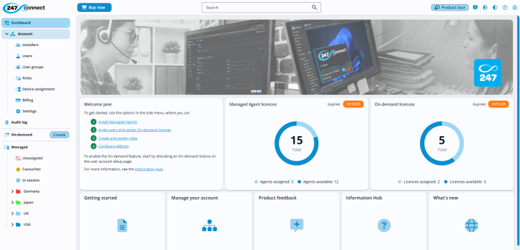 247connect dashboard showing account and licence details. The side menu highlights Dashboard. The main panel shows a welcome message, links to setup tasks, Managed Agent and On-demand licence stats, and tiles for Getting Started, Manage Your Account, Product Feedback, Information Hub, and What's New.